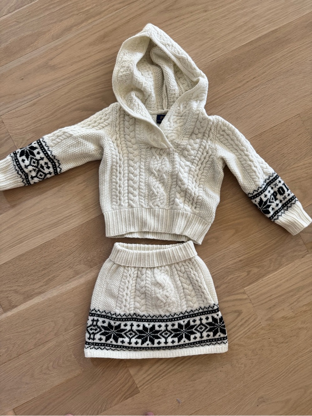 Polo Kids Cream Cable-Knit Hoodie Sweater Skirt Set with Nordic Pattern